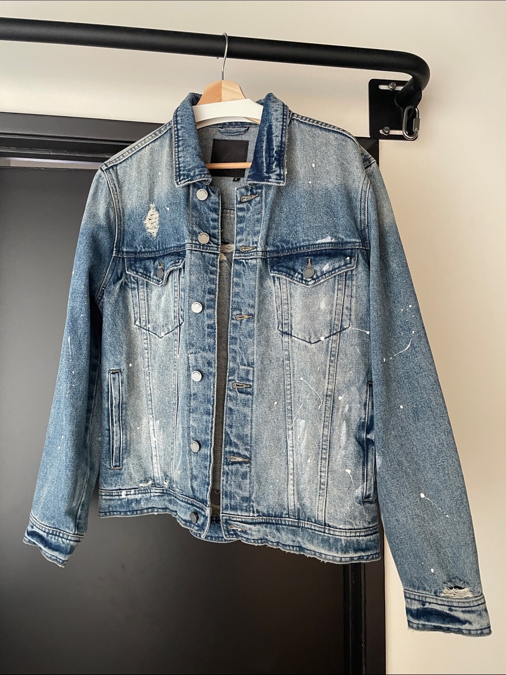 Blank NYC Light Blue Denim Jacket with White paint splatters